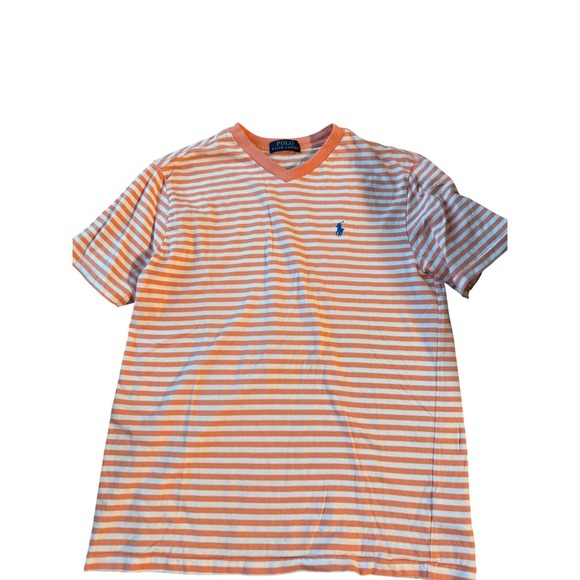 Polo Ralph Lauren Other - Polo Ralph Lauren Mens Orange White Striped V-Neck T-Shirt Blue Pony Logo Large